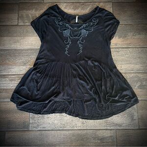 Free People Black Short Sleeve Top with Embroidery M